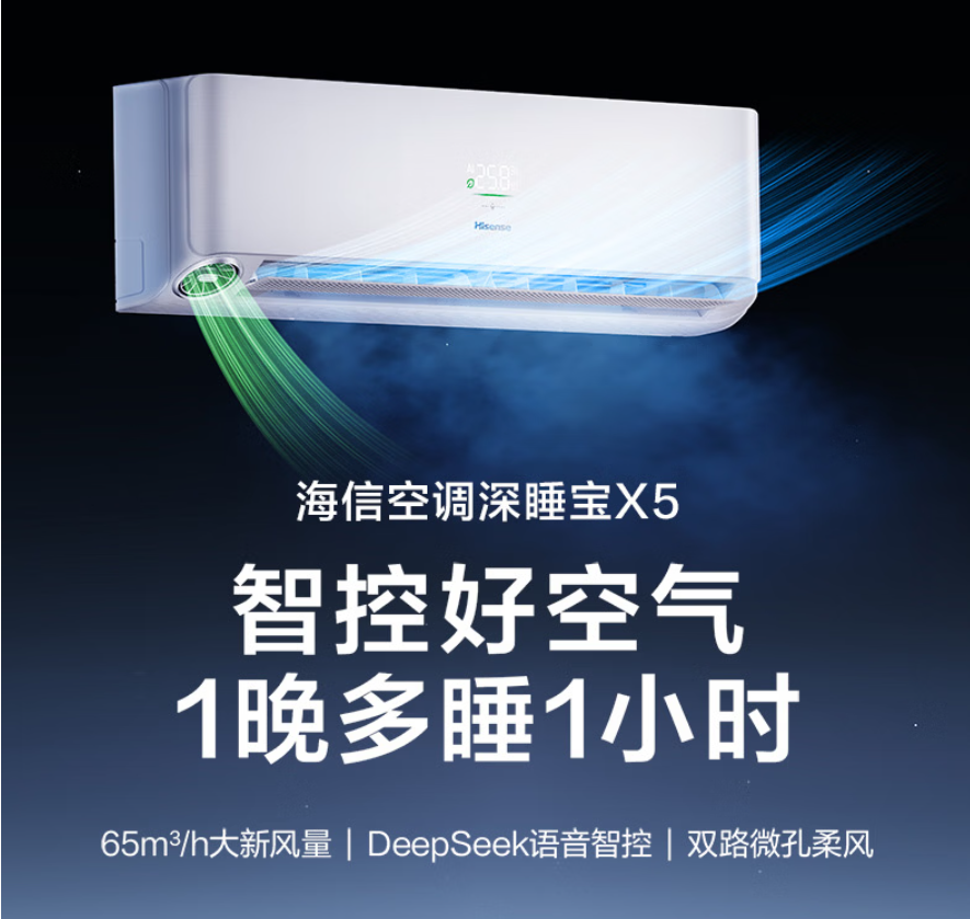 卧室 1 晚换气 15 次：海信深睡宝 X5 新风空调 1.5 匹 2879 → 2025 元，第二台 8 折 1780 元新低