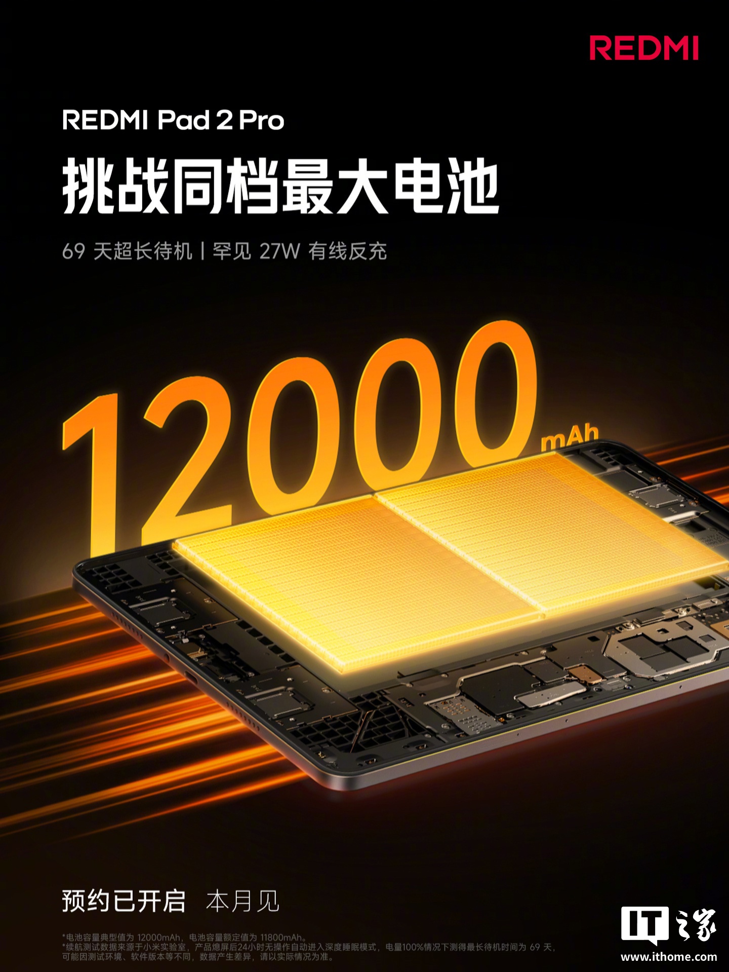 69 天超长待机：小米 REDMI Pad 2 Pro 平板官宣搭载 12000mAh 电池，至高 27W 有线反充