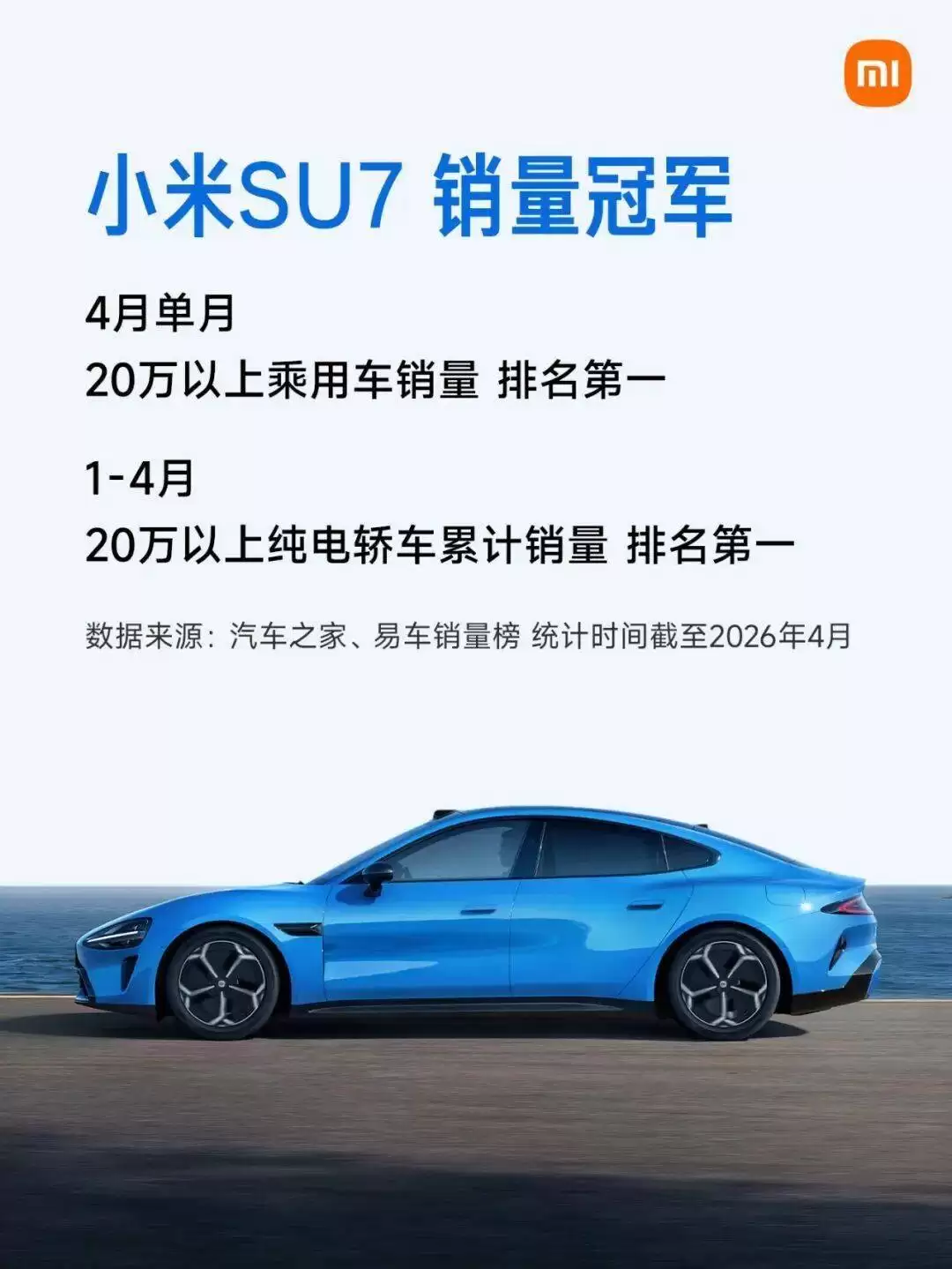 小米汽车双星闪耀:SU7登顶20万以上纯电轿车,YU7斩获1-4月SUV销量冠军