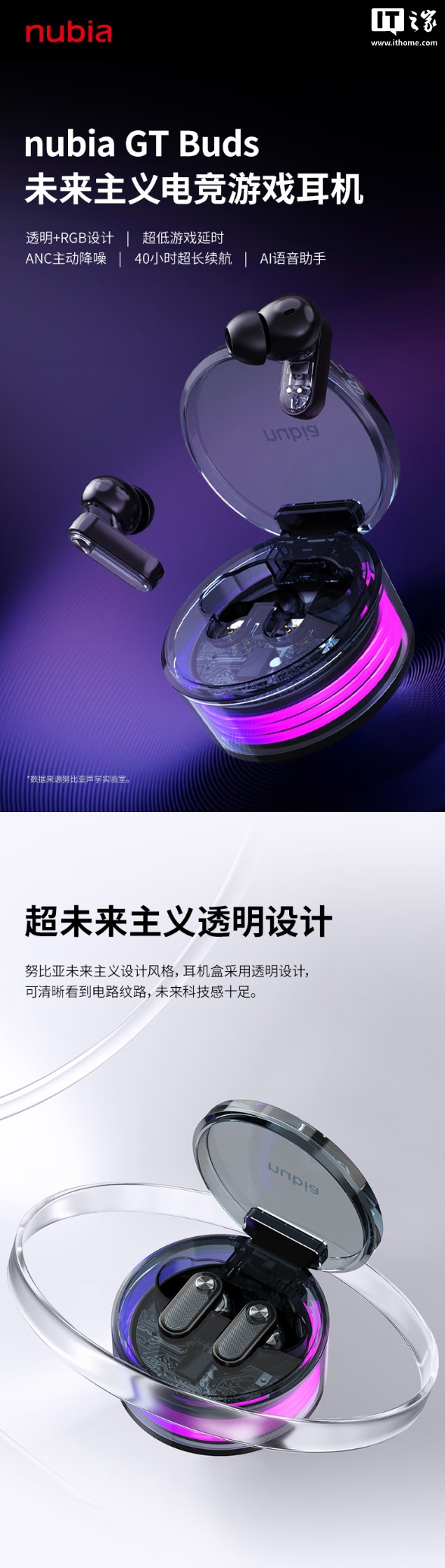 努比亚推出 GT Buds 耳机:支持 35dB 降噪、充电盒半透明设计带 RGB 灯,269 元