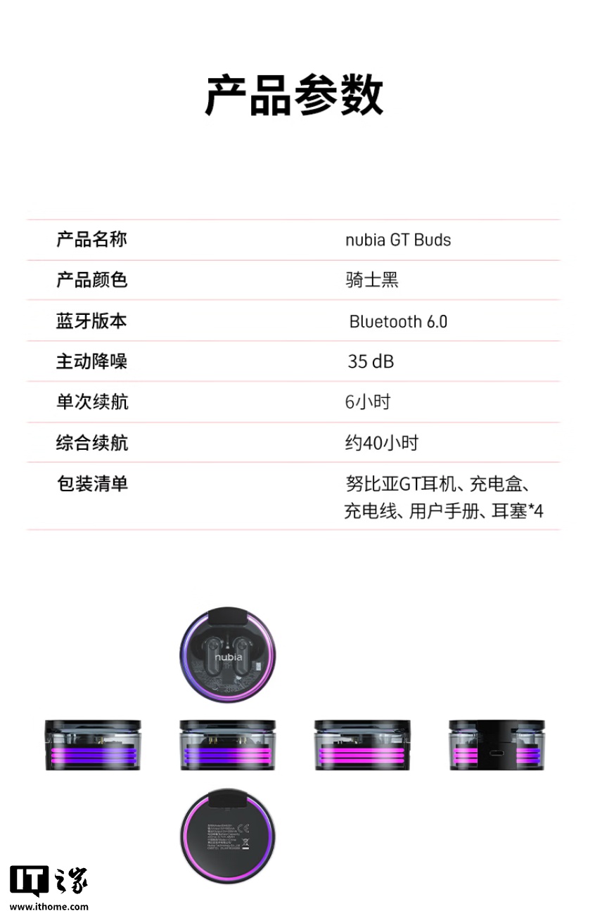 努比亚推出 GT Buds 耳机:支持 35dB 降噪、充电盒半透明设计带 RGB 灯,269 元