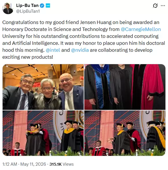 陈立武为黄仁勋授荣誉博士学位 兴奋称英特尔将与英伟达开发新产品