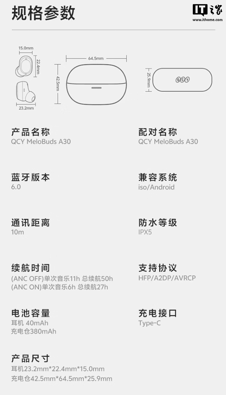 QCY MeloBuds A30 耳机发售:至高 50 小时续航、8 麦克风阵列降噪架构,209 元