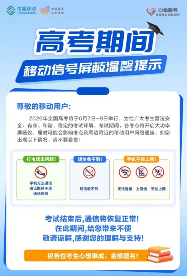 高考倒计时！三大运营商发布信号屏蔽提醒：考场周边或出现信号减弱、通话中断