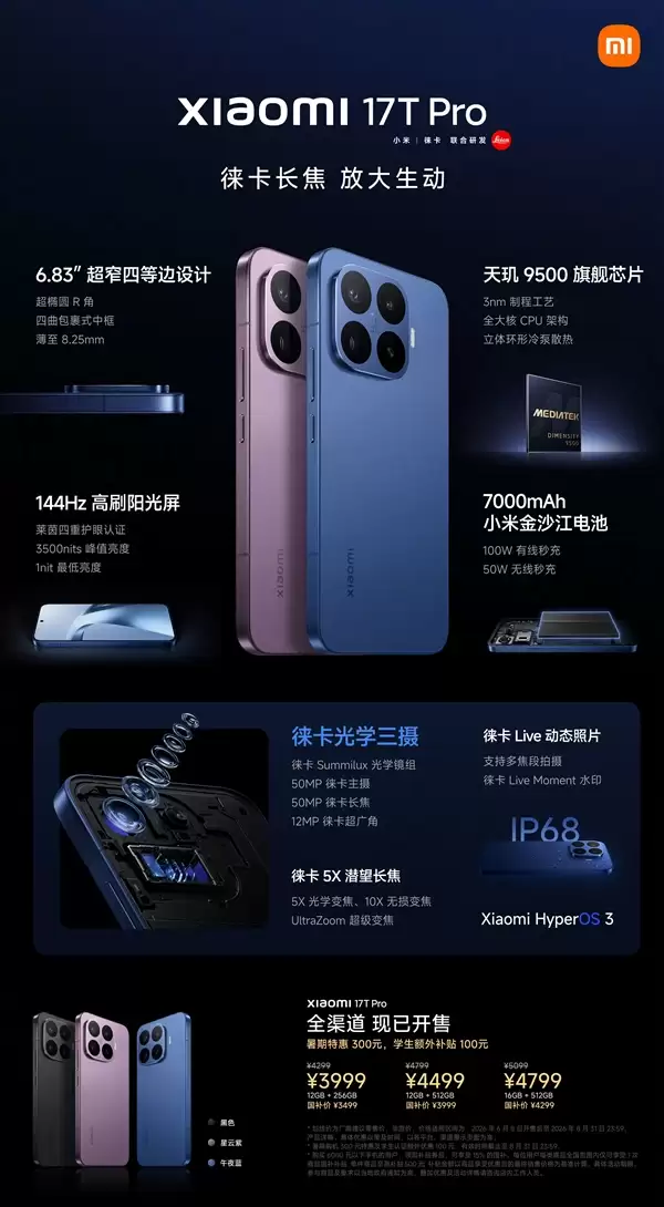 一图看懂小米17T系列：徕卡影像全系标配 最低仅需2549.15元