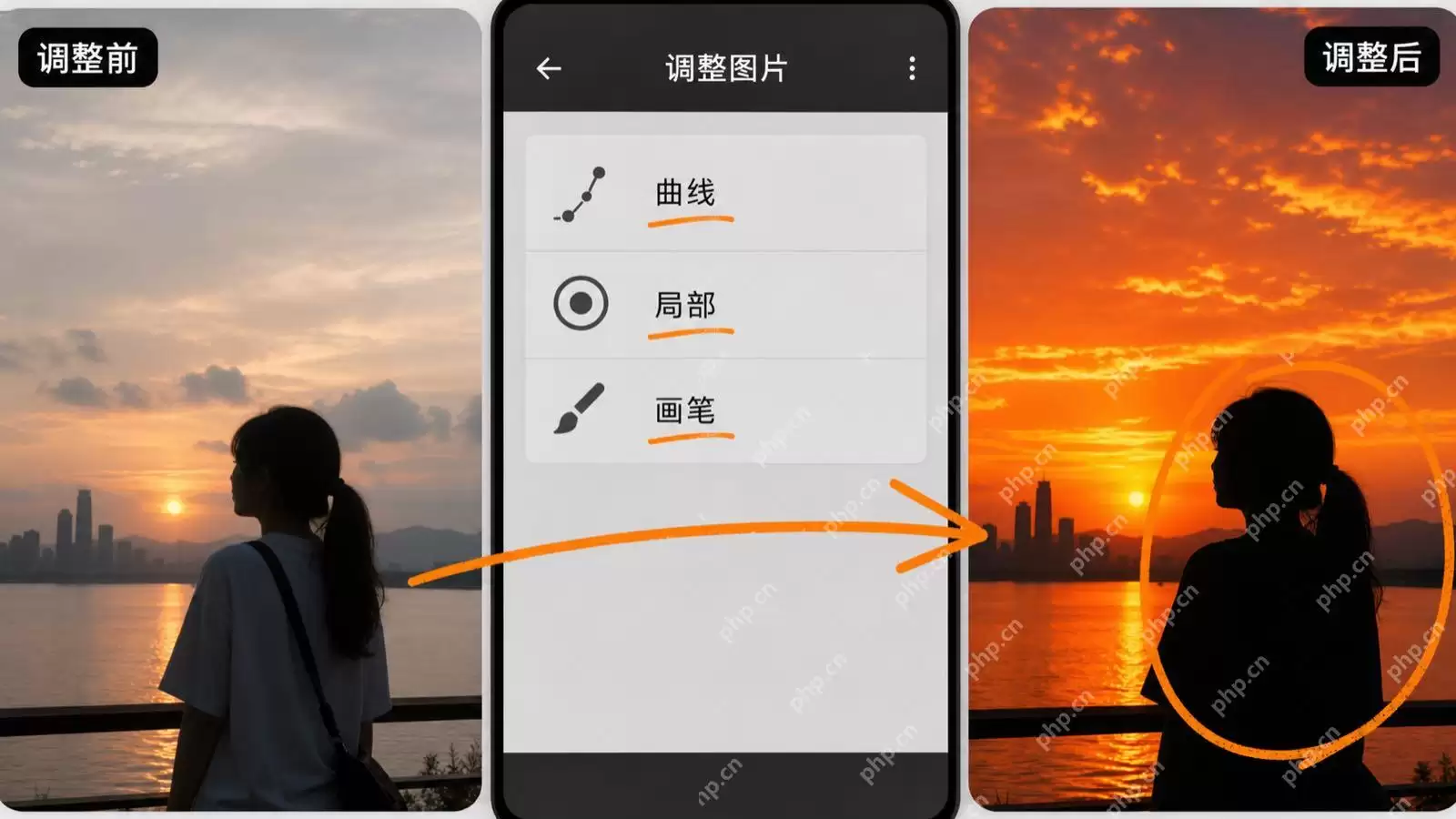 Snapseed夕阳剪影怎么调？曲线与画笔完整教程