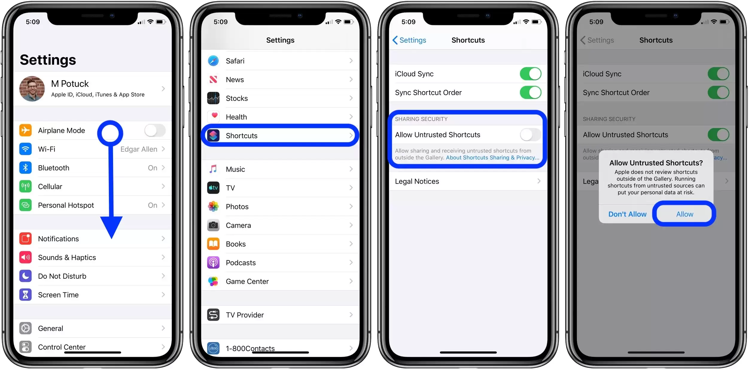 iOS 13:如何在资源库中允许添加「不受信任的快捷指令」?