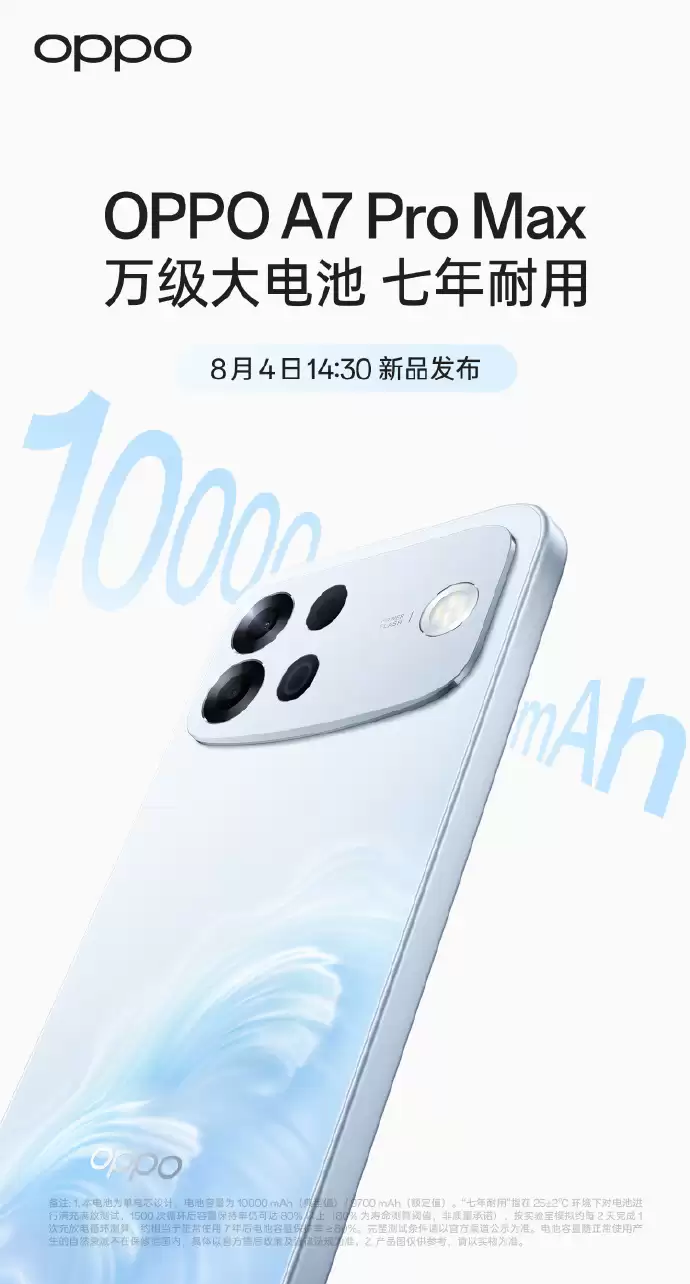 OPPO首款万级大电池:OPPO A7 Pro Max定档8月4日