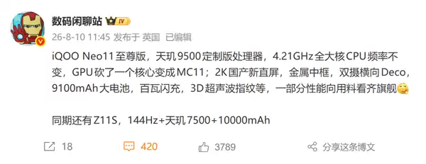 iQOO Neo11至尊版现身电信终端库：国产顶级2K直屏 9100mAh史上最大电池
