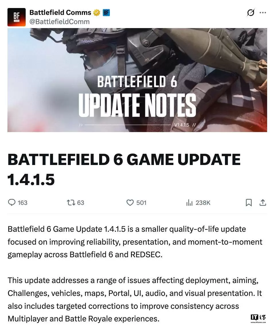 EA为《战地6》推出1.4.1.5更新:修复RTX50系显卡崩溃问题