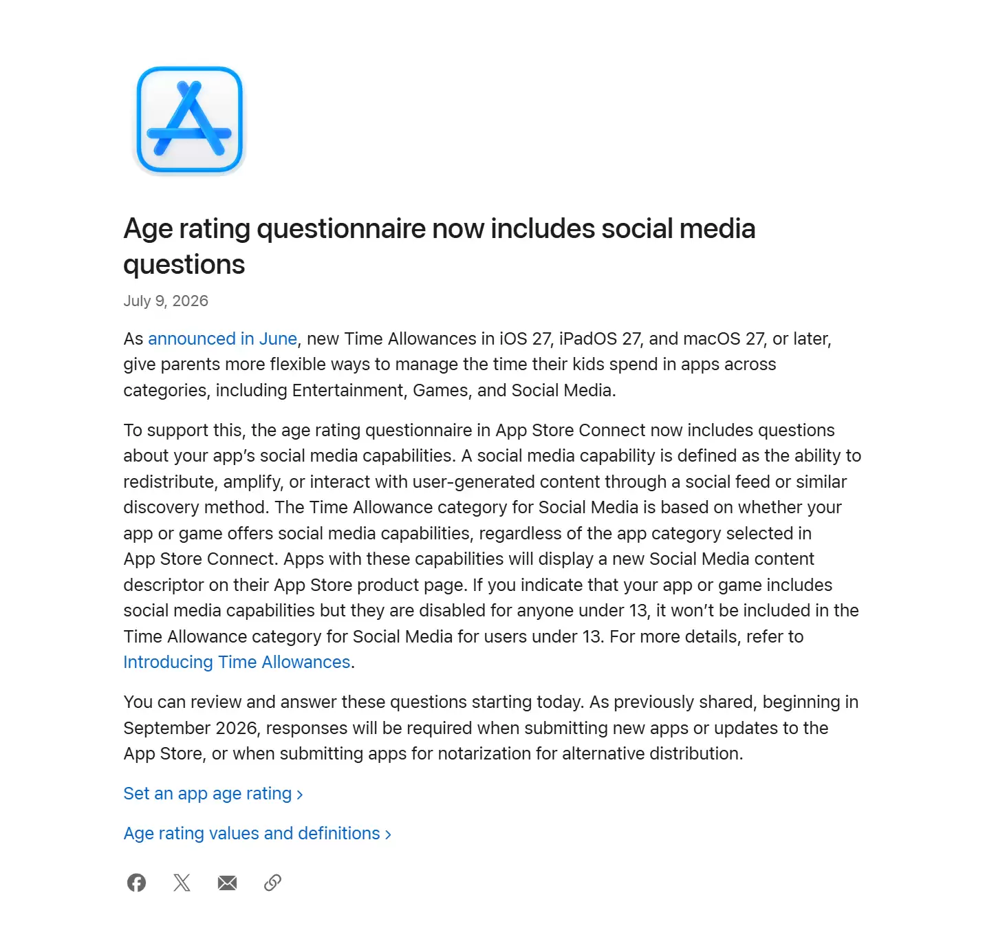苹果App Store Connect年龄分级问卷新增社媒问题，9月起需必填