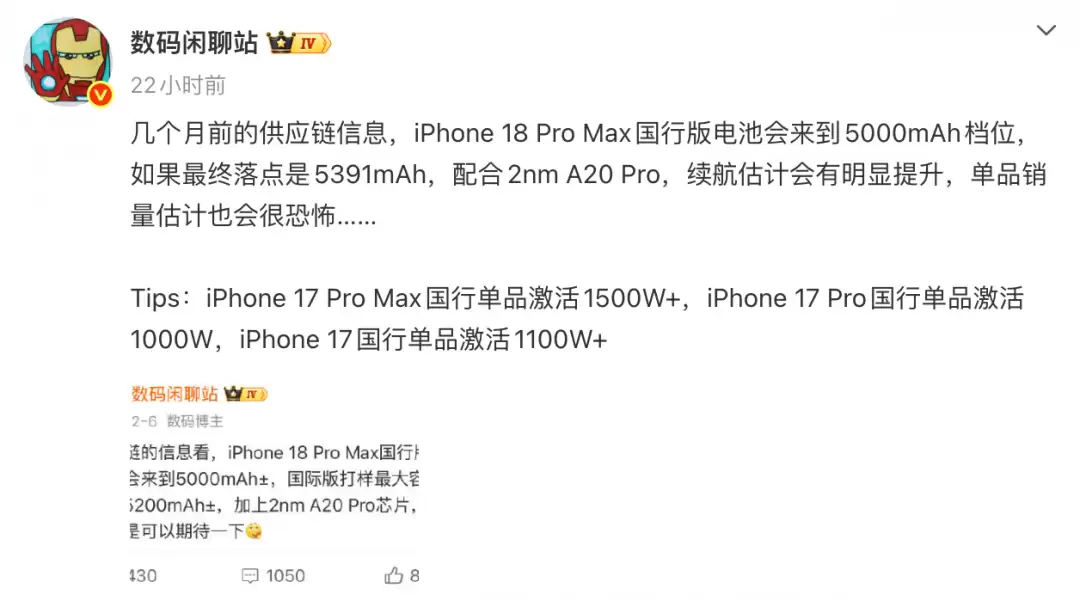iPhone 18 Pro系列电池容量曝光：国行版大幅提