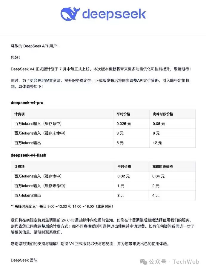 DeepSeek V4正式版7月中旬上线 API高峰时段价格翻倍