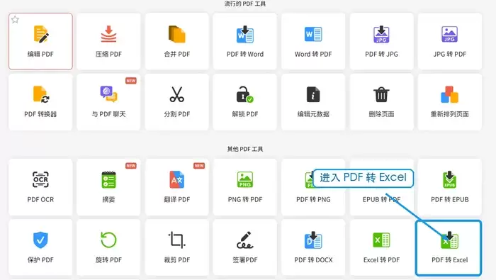 PDF Candy工具列表中的PDF转Excel入口
