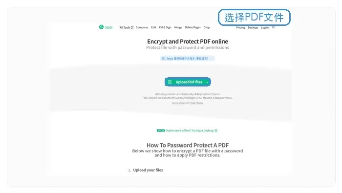 Sejda上传PDF文件示例