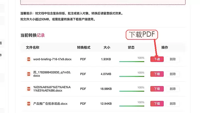 极轻PDF下载Word转PDF结果