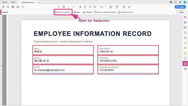 使用 Mark for Redaction 标记 PDF 中的敏感字段