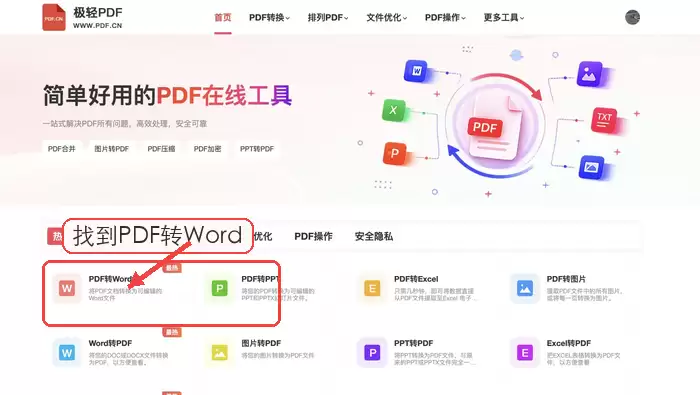 PDF.cn 首页 PDF转Word 工具入口