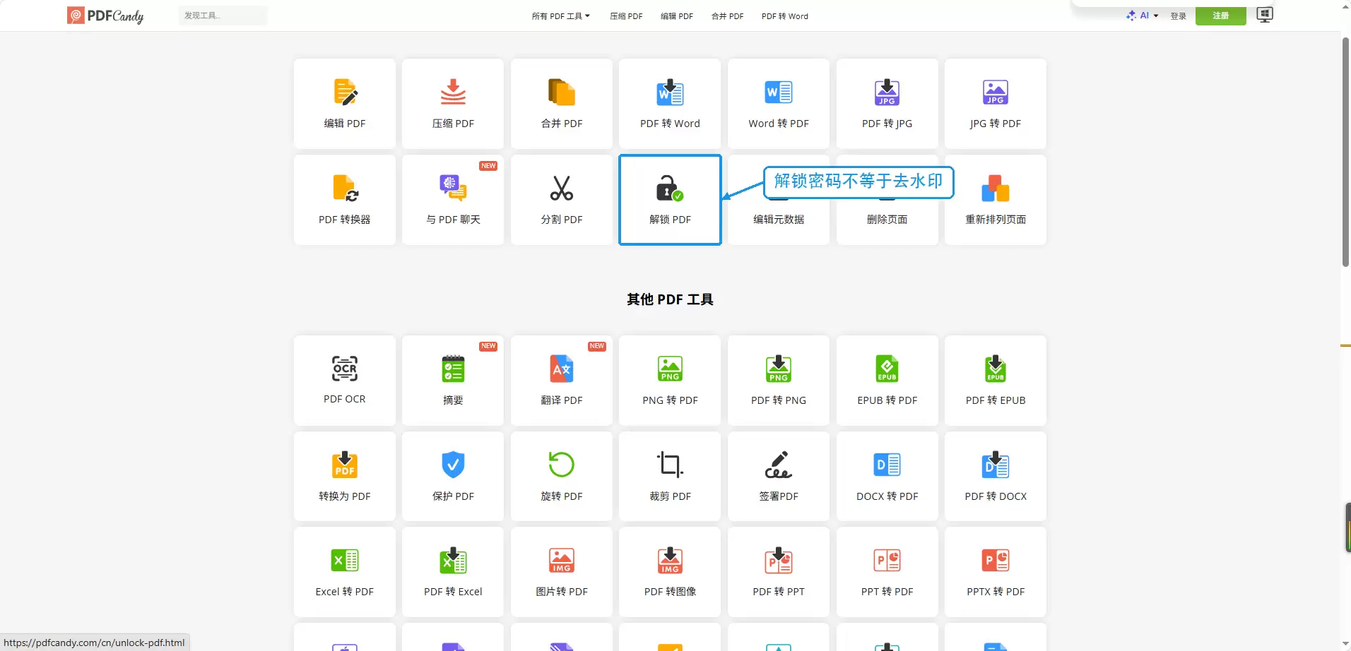 PDF Candy工具列表中的解锁PDF入口及用途提醒