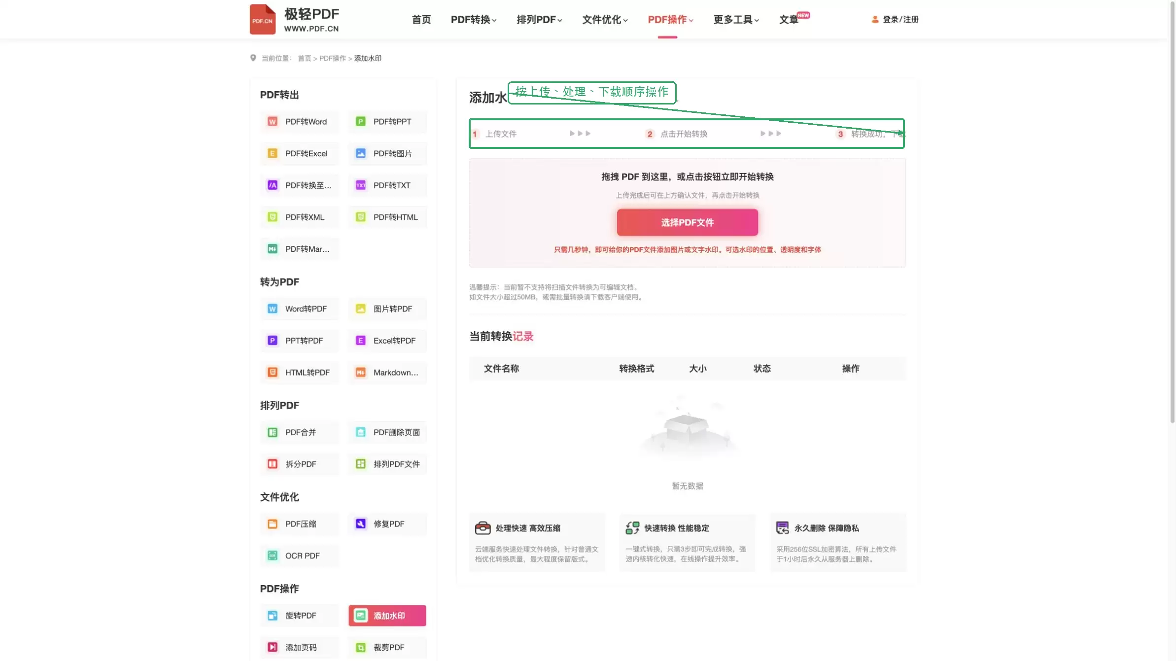 极轻PDF添加水印页面的上传处理下载流程