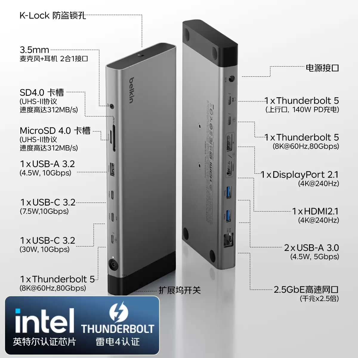贝尔金 14 合 1 雷电 5 拓展坞开售：支持 140W PD 供电，2299 元