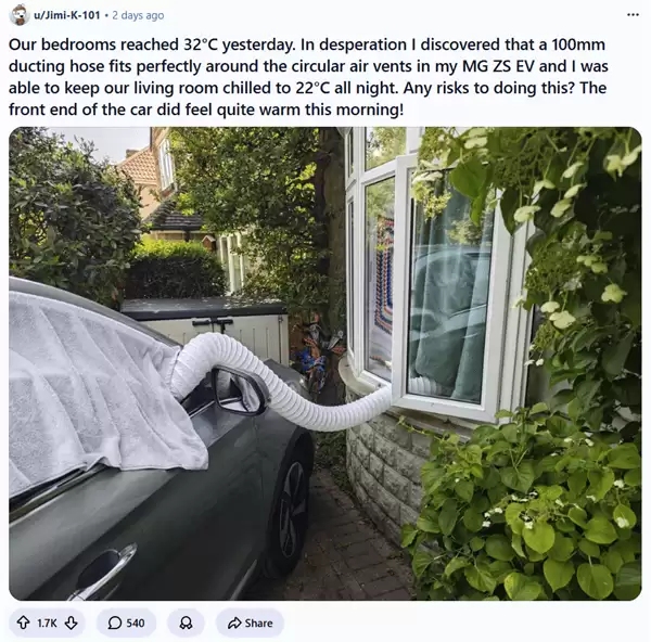 欧洲高温难耐！英国车主巧用中国名爵电动车软管引冷气 为卧室降温