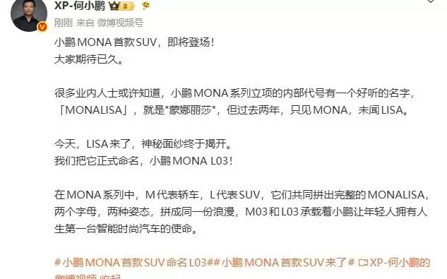 何小鹏：小鹏 MONA首款SUV定名 L03，内部代号蒙娜丽莎