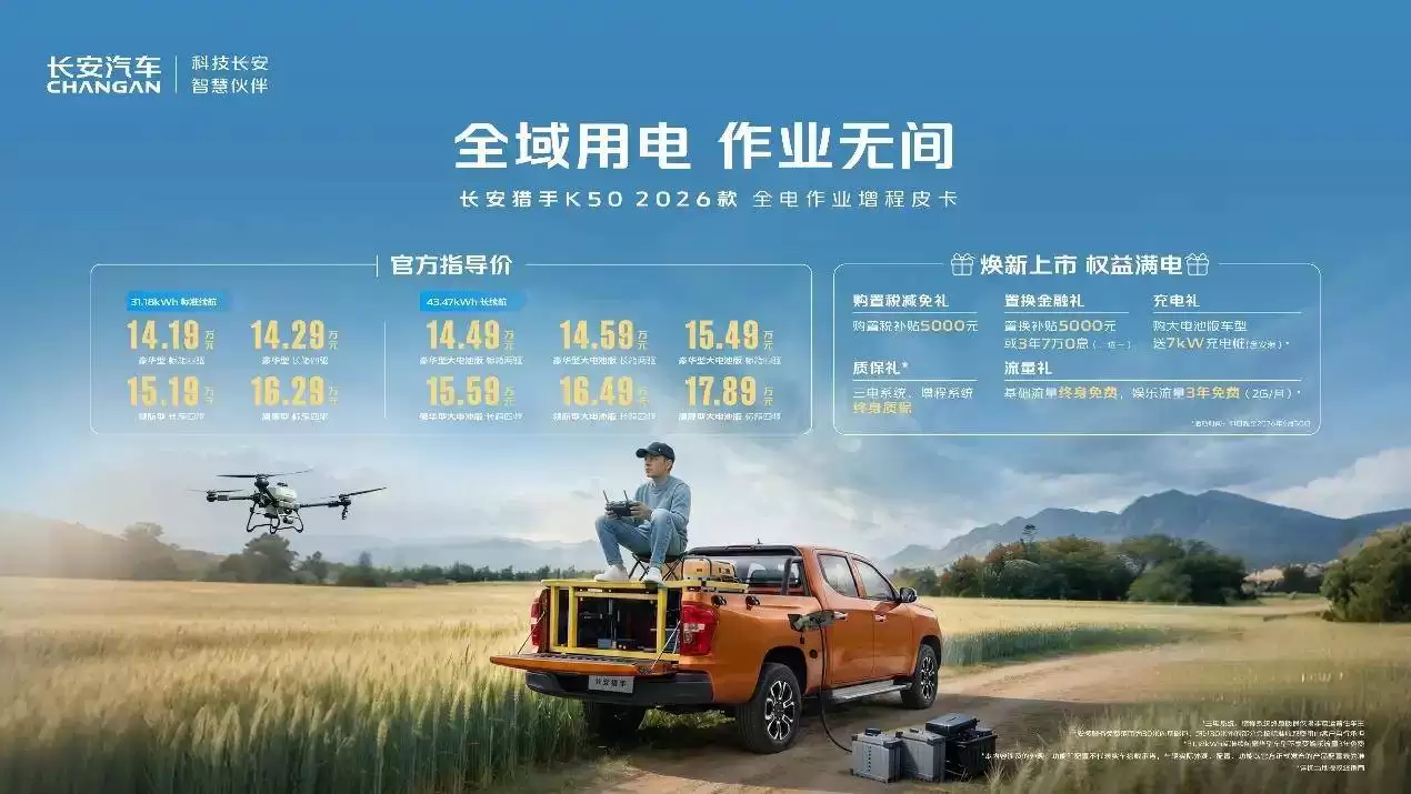 全电作业新标杆！2026款长安猎手K50上市，14.19万起重塑皮卡体验
