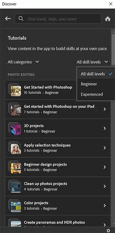 Photoshop Discover 面板显示教程分类和技能等级筛选