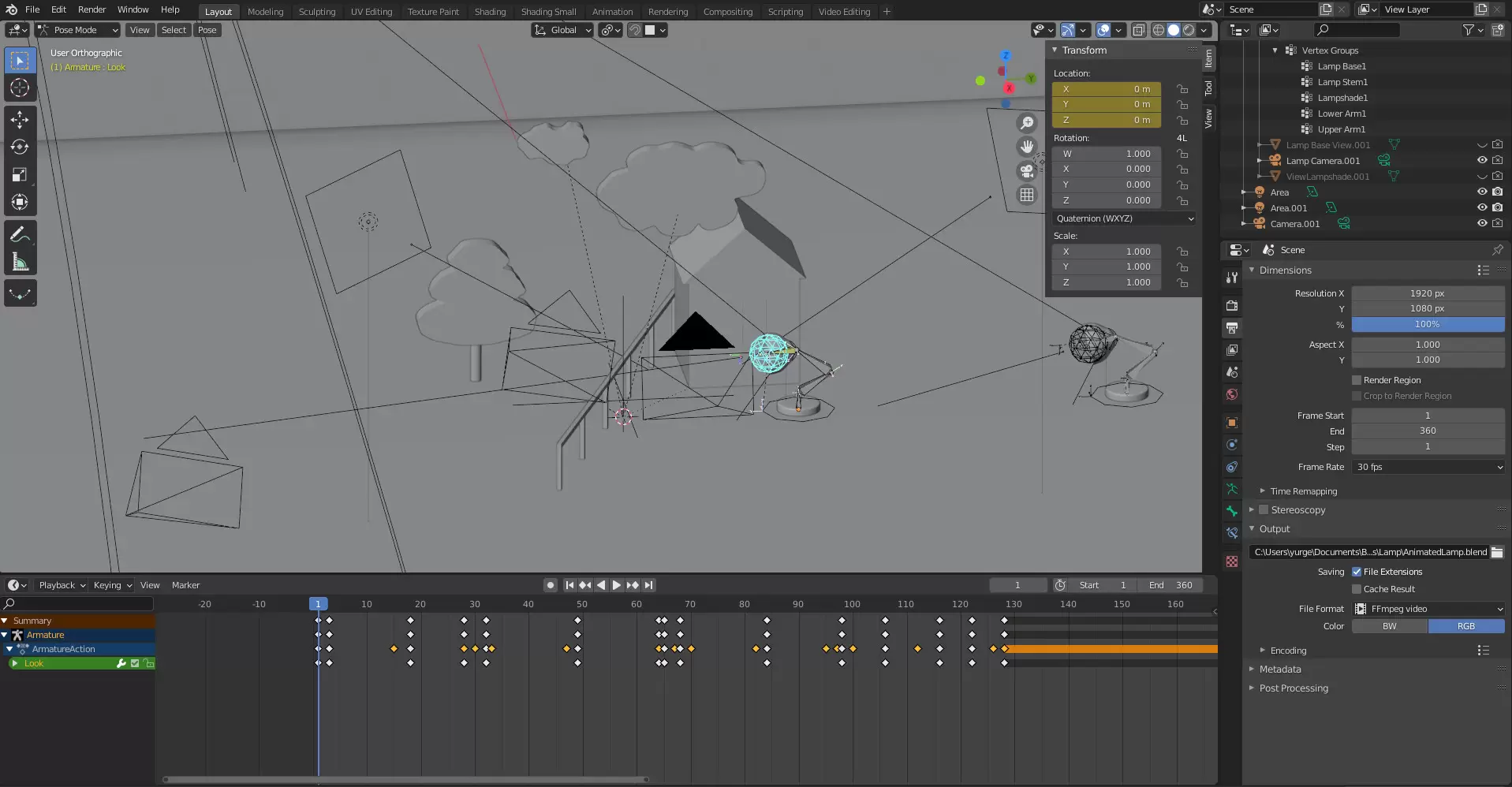 Blender 姿态模式显示台灯骨架、时间轴关键帧和输出设置