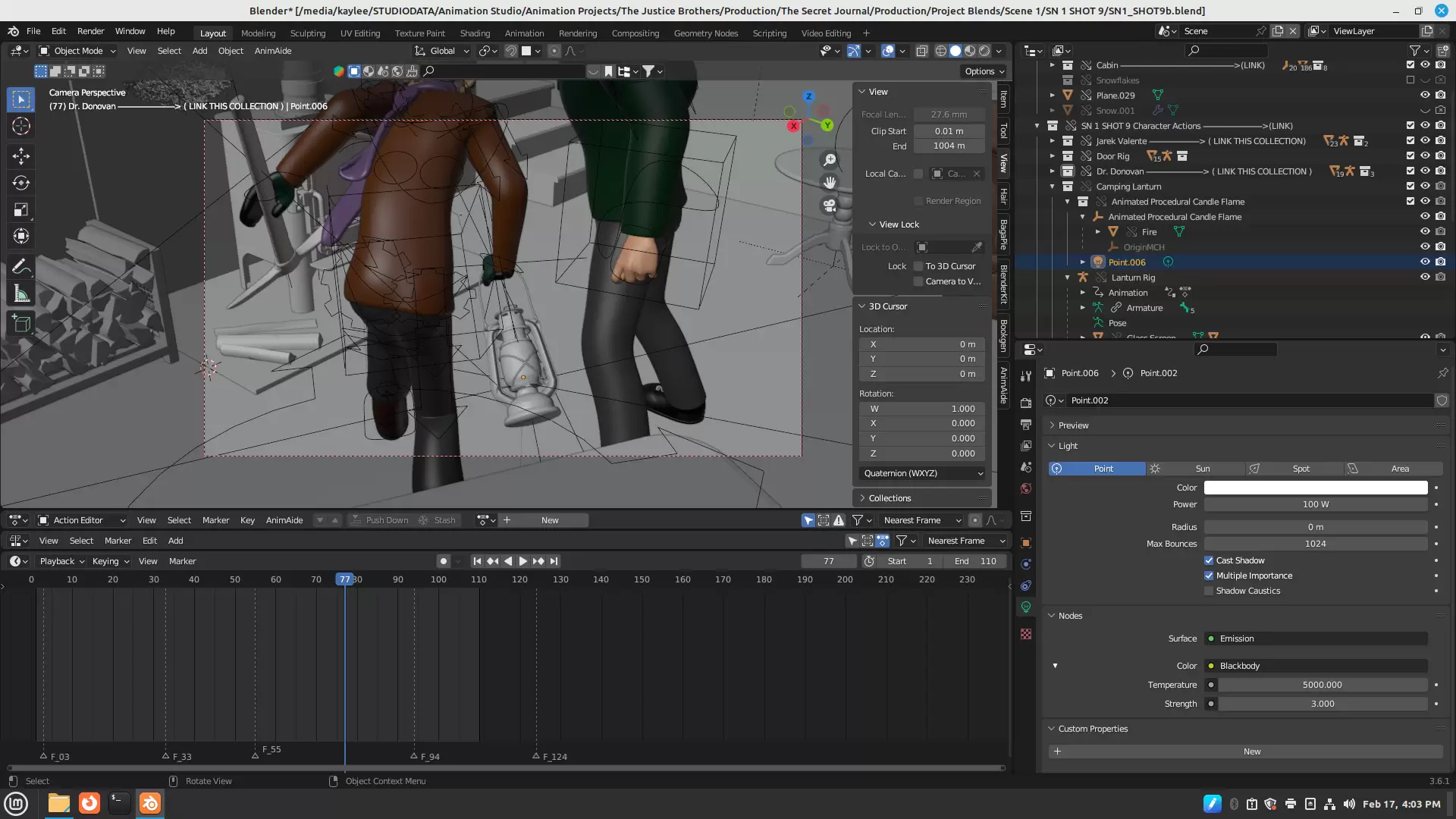 Blender 场景中显示角色、灯笼点光源、时间轴和灯光参数