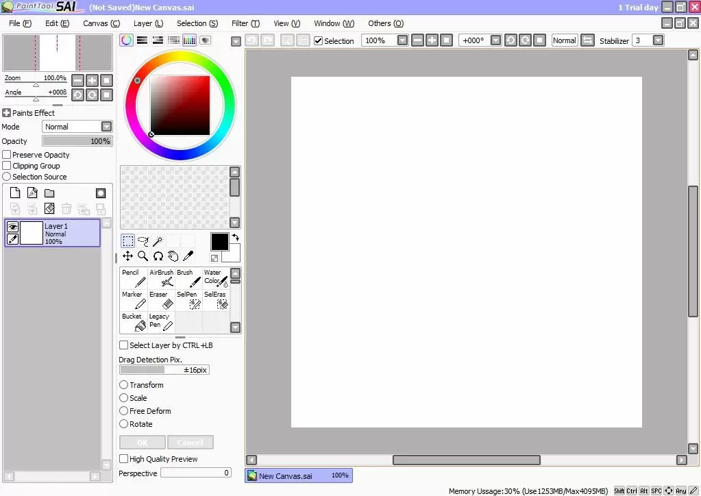 PaintTool SAI 软件界面和顶部菜单栏