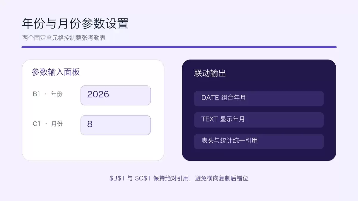 Excel考勤表年份与月份参数面板及统一引用关系
