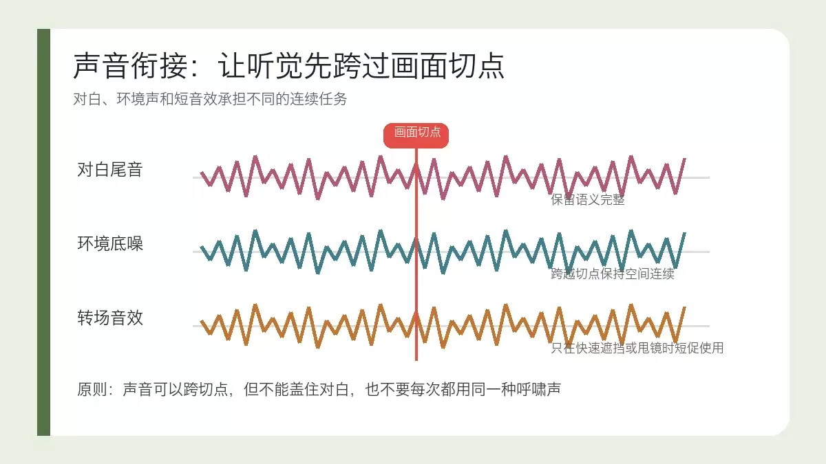 对白尾音、环境底噪和转场音效跨越画面切点的音频衔接示意