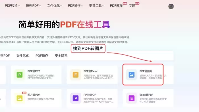 在线PDF工具首页,高亮显示PDF转图片功能入口