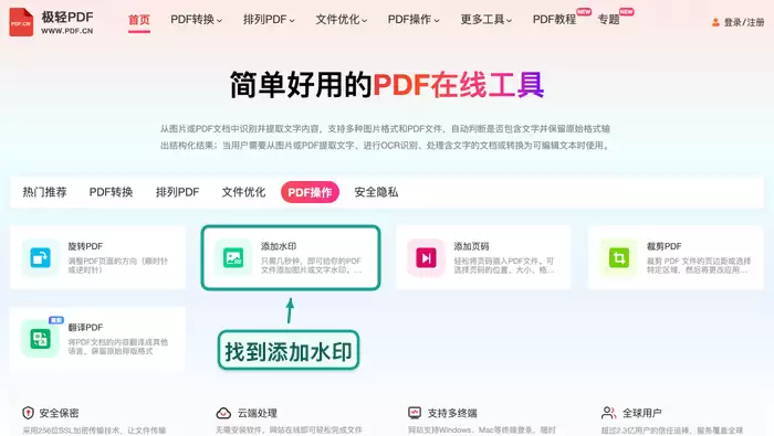极轻PDF官网工具列表中的PDF加水印选项