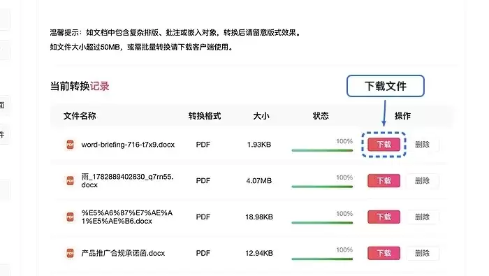 转换完成界面,显示下载按钮和成功提示