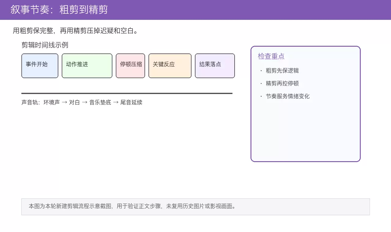 电影剪辑叙事节奏调整示意：展示通过压缩无效停顿来优化节奏的时间线对比