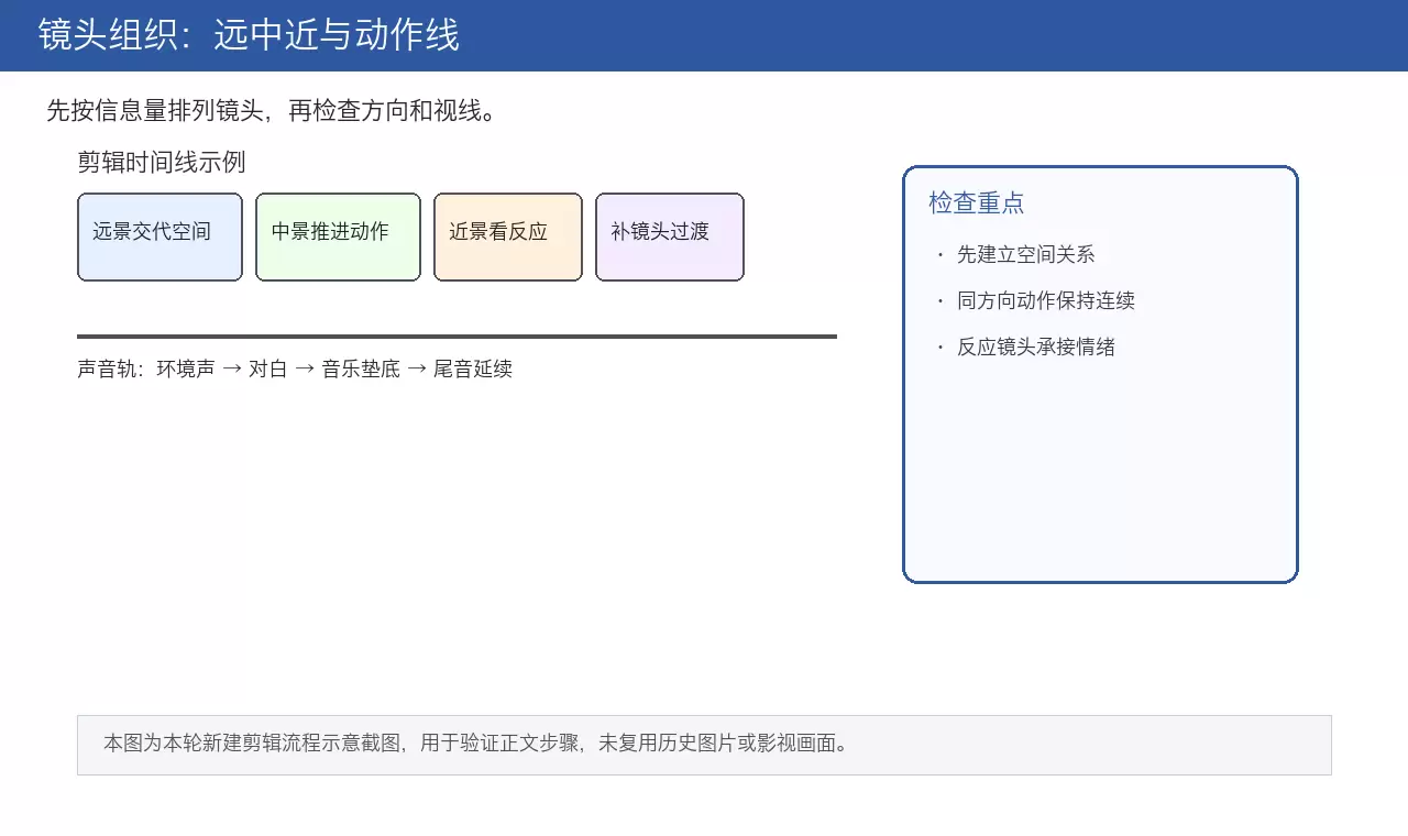 电影剪辑镜头组织示意：展示远景交代空间、中景推进动作、近景呈现表情的镜头序列