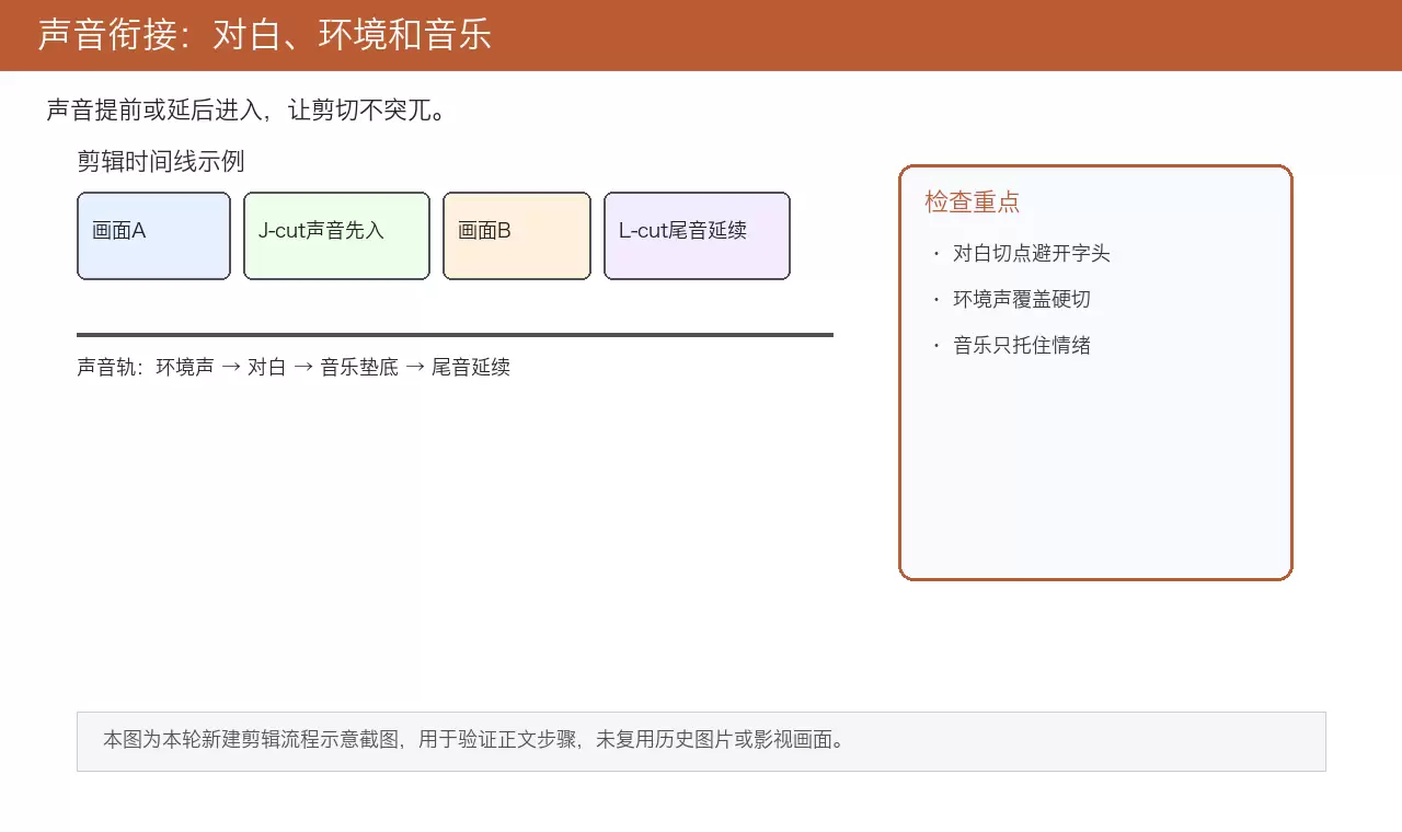 电影剪辑声音衔接示意：展示J-cut与L-cut在时间线上的音频波形重叠效果