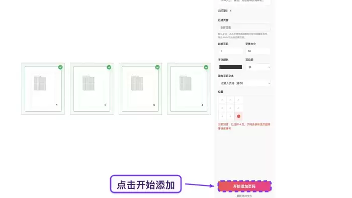 点击开始处理按钮，系统正在生成带页码的新PDF文件