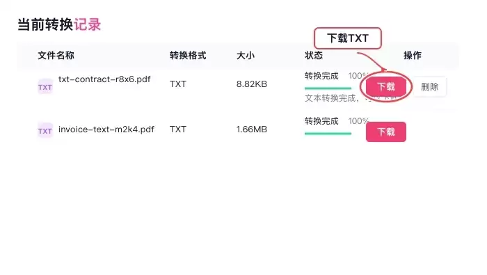下载转换后的TXT文件界面,显示文件已成功生成并提供下载按钮