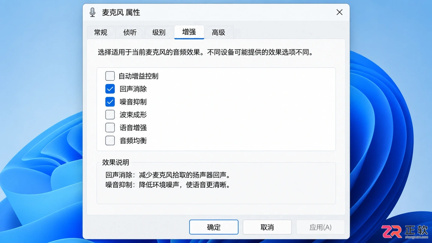 麦克风属性增强选项卡,勾选了回声消除和噪音抑制