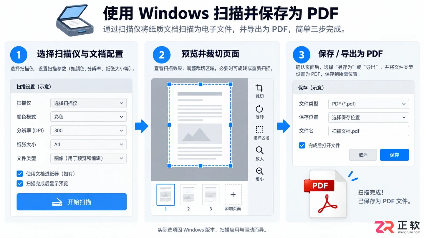 Windows传真和扫描界面,突出显示配置文件选择和PDF输出设置