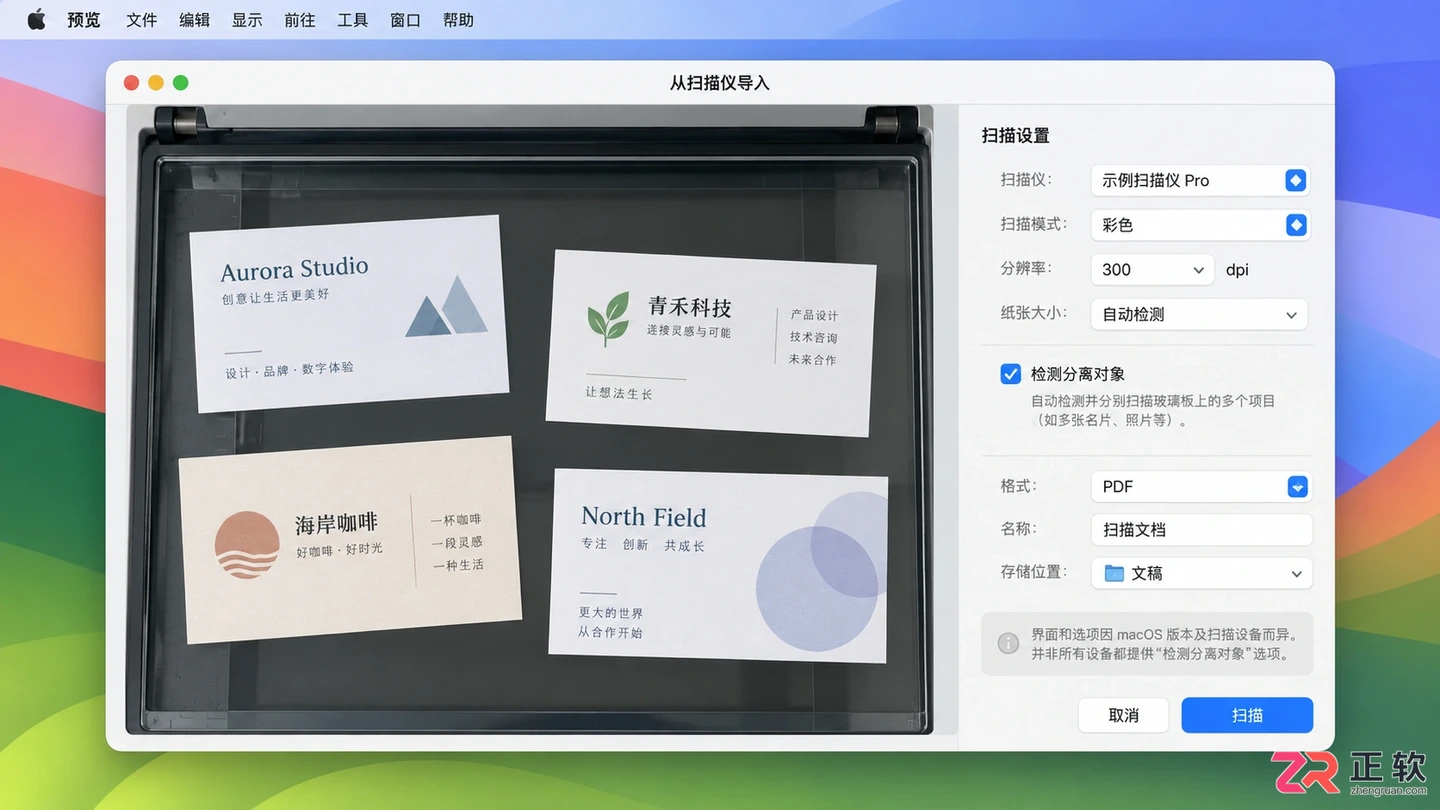 macOS预览应用中从扫描仪导入的设置界面,展示多物体检测选项