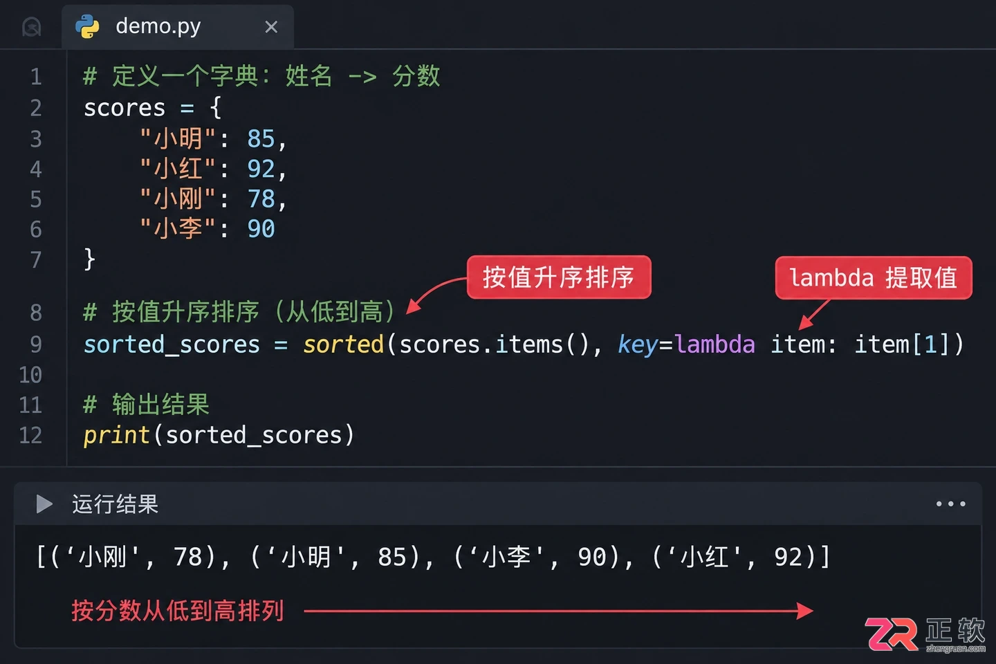 python字典怎么按值排序用sorted函数实现升降序
