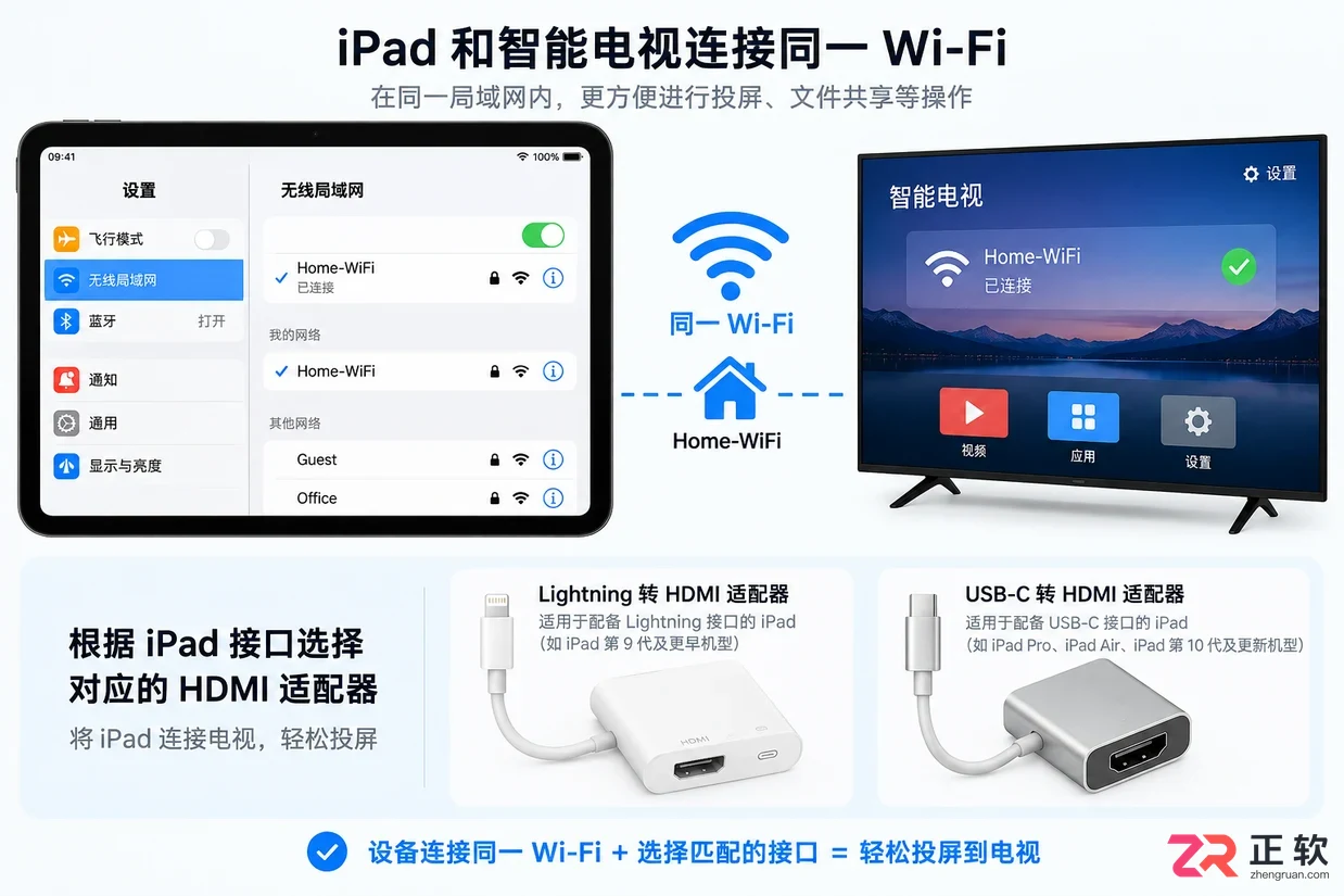 ipad连接电视机教程详解有线与无线投屏方法