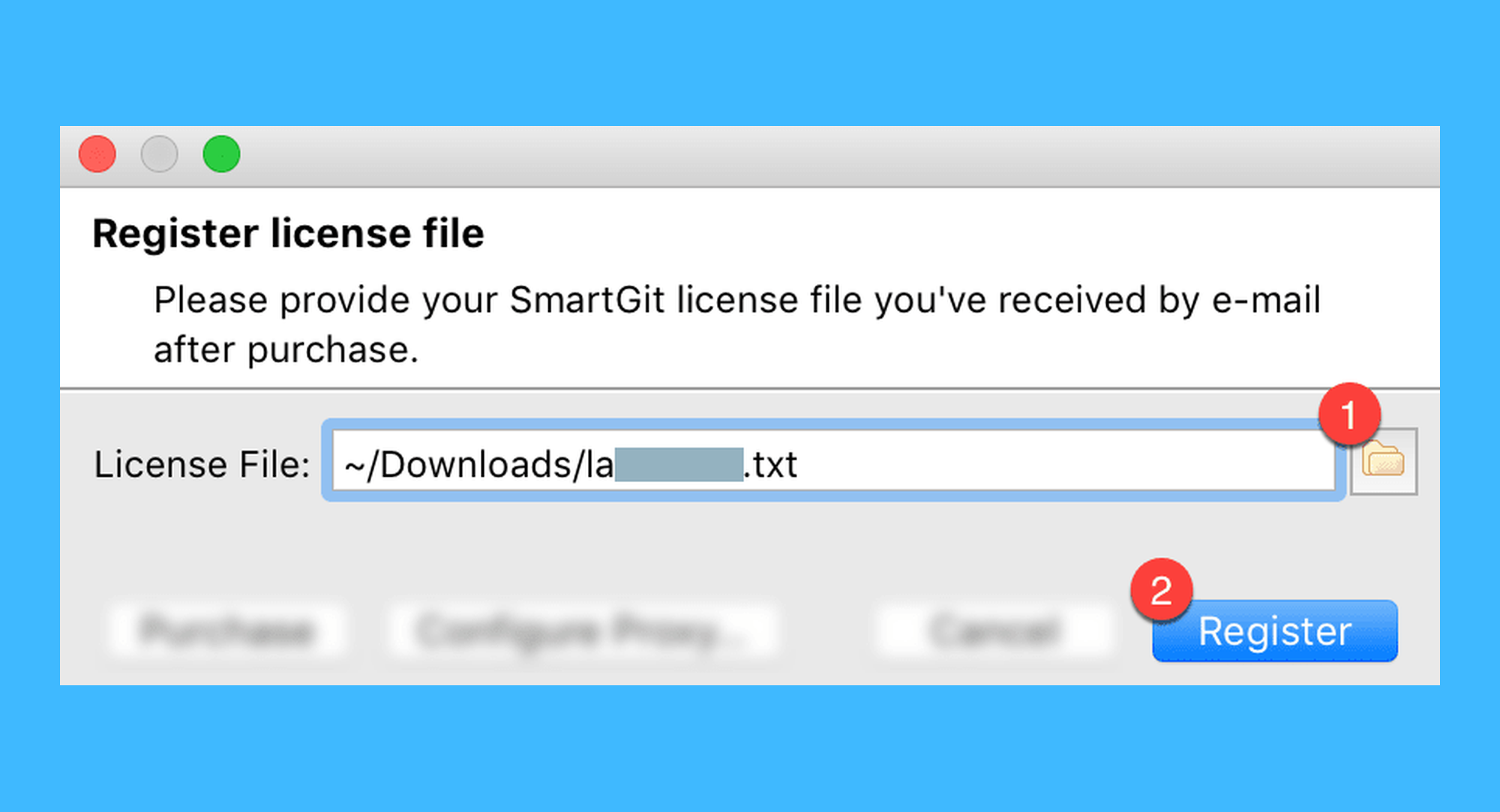 SmartGit真实操作步骤2：二、在弹出窗口点击右侧按钮，选择刚下载的授权文件，最后点击「Register」按钮，完成激活。