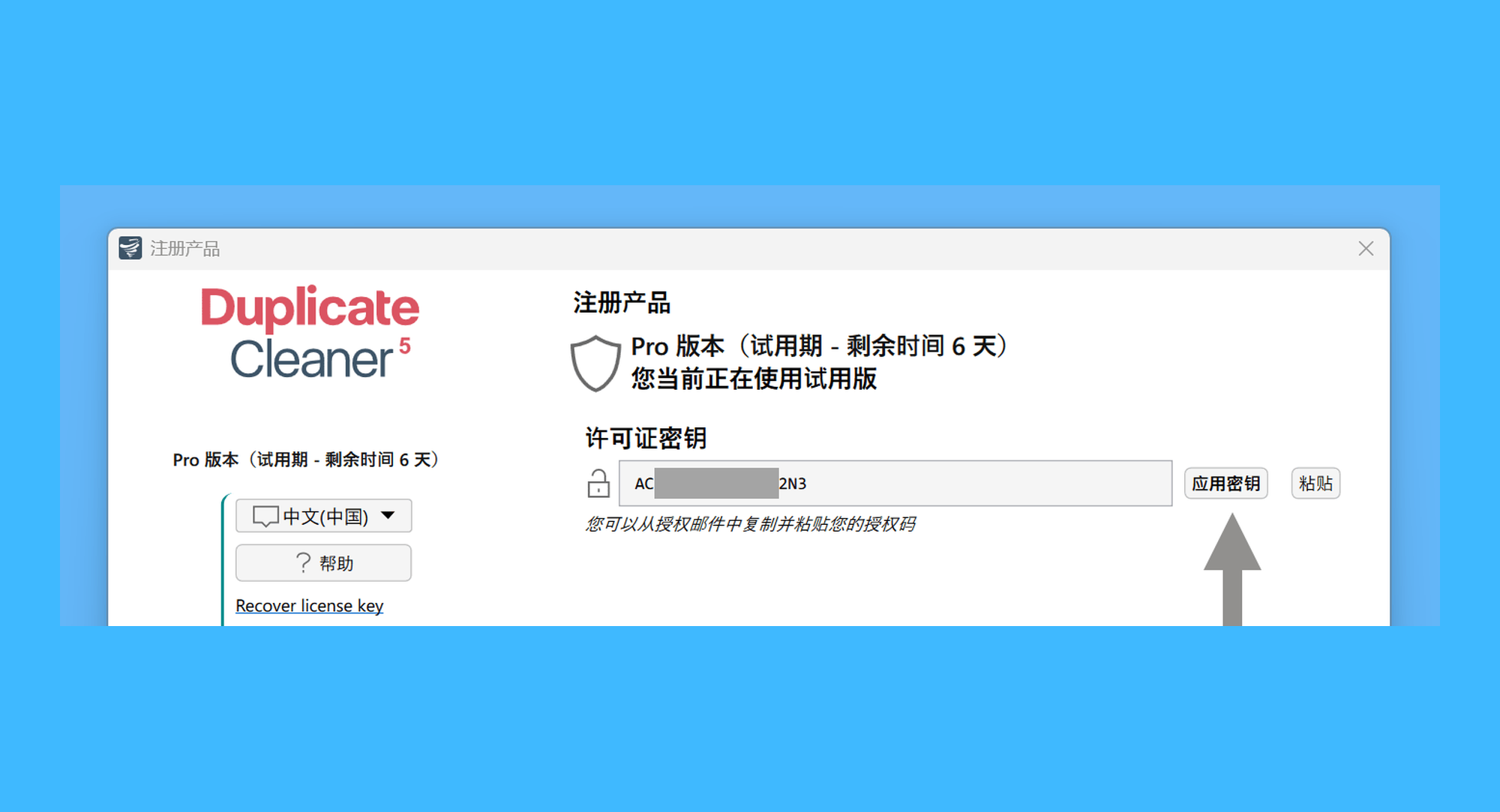 Duplicate Cleaner Pro真实操作步骤2：二、在弹出的窗口中粘贴激活码，点击「应用密钥」即可解锁全部功能。