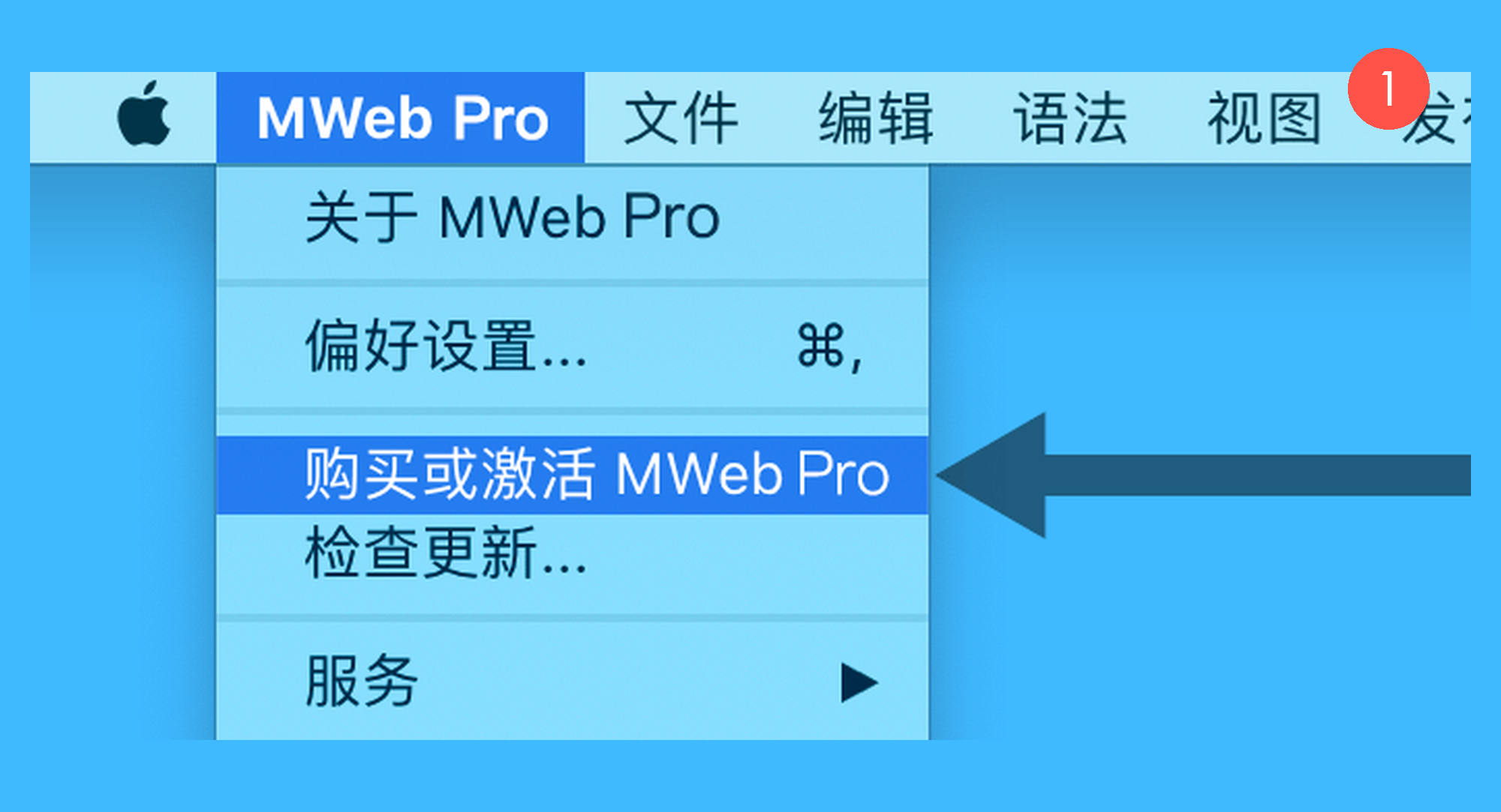 MWeb Pro真实操作步骤1：一、启动 MWeb 软件，点击顶部菜单栏「MWeb Pro > 购买或激活」选项；